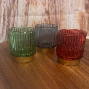 Ribbed Glass Candle Holders with Gold Base - Green, Gray, and Red NWOT
